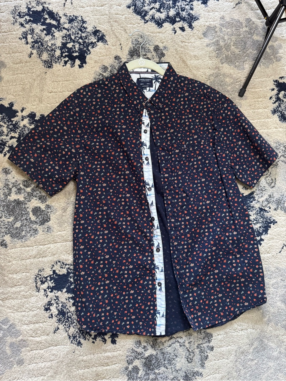 Short-Sleeve Navy Button-Down Shirt with Small Red Floral Print